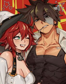 1boy 1girl alohapz alternate_hair_length alternate_hairstyle artist_name black_choker black_nails black_tank_top blush breasts bright_pupils brown_eyes brown_hair choker cleavage collarbone commentary covered_abs detached_sleeves dorpos english_commentary eyelashes green_eyes guilty_gear guilty_gear_strive hair_between_eyes hat highres jack-o&#039;_valentine large_breasts lips looking_at_another looking_at_viewer male_focus object_through_head one_eye_closed pectorals red_background red_hair screw_in_head short_hair sol_badguy star_(symbol) stitched_face stitches tank_top tongue white_hat white_pupils white_sleeves witch_hat