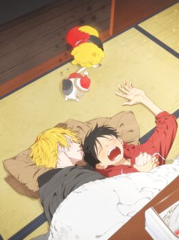 Rule 34 | 2boys, absurdres, bed, black hair, blanket, blonde hair, cuddling, futon, highres, male focus, monkey d. luffy, multiple boys, one piece, pillow, qkdrkqkdrks2, sanji (one piece), sleeping, under covers
