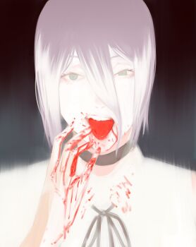 1girl absurdres black_choker black_ribbon blood blood_on_face blood_on_hands blood_splatter chainsaw_man choker commentary_request eyeshadow gradient_background green_eyes hand_up highres looking_at_viewer makeup multicolored_hair neck_ribbon open_mouth overexposure purple_hair red_eyeshadow reze_(chainsaw_man) ribbon shirt sleeveless sneer teeth tongue tongue_out two-tone_hair upper_body upper_teeth_only white_hair white_shirt xyanaid