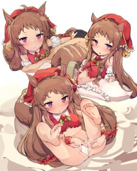 Rule 34 | 1boy, 1girl, animal ears, bandana, bare shoulders, bell, blush, breasts, brown hair, bulge, crop top, feet, hetero, jingle bell, legs, legs up, long hair, looking at viewer, low-tied long hair, lying, multiple views, navel, on back, open mouth, panties, pkpkpppk, princess connect!, purple eyes, rin (princess connect!), sidelocks, small breasts, soles, spread legs, spread pussy, spread pussy under clothes, squirrel ears, squirrel girl, squirrel tail, tail, toes, underwear, white panties