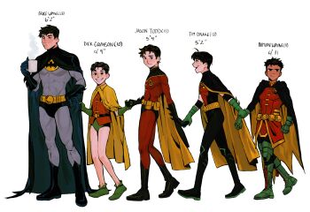 5boys ahoge alternate_universe batman batman_(series) belt black_bodysuit black_cape bodysuit boots brothers bruce_wayne cape character_age coffee coffee_mug commentary cup damian_wayne dc_comics dick_grayson domino_mask english_commentary eye_mask gloves green_gloves grey_bodysuit highres holding holding_cup holding_hands jason_todd legs male_focus marski mask mug multicolored_bodysuit multiple_boys red_bodysuit red_robin robin_(dc) siblings smile spandex superhero_costume tan teeth tim_drake two-tone_bodysuit white_background yellow_belt yellow_cape