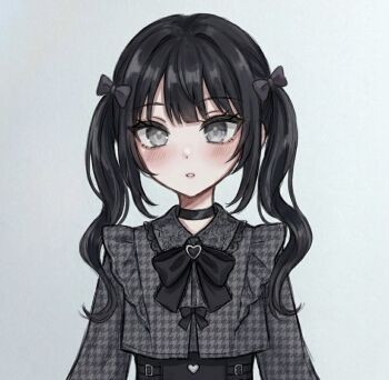 Rule 34 | 1girl, alternate costume, black choker, black hair, black ribbon, bow, choker, collared shirt, commentary request, grey background, grey eyes, grey shirt, hair bow, jirai kei, kurobe nanoka, long hair, long sleeves, looking at viewer, mahou shoujo no majo saiban, mi (liptkq), neck ribbon, ribbon, shirt, simple background, solo, twintails, upper body