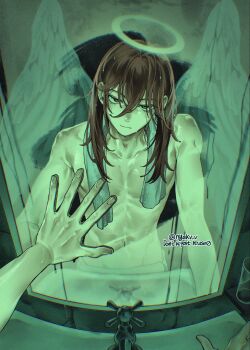 1boy angel_devil_(chainsaw_man) angel_wings chainsaw_man closed_mouth collarbone faucet fingernails halo hashtag-only_commentary highres long_hair looking_at_mirror male_focus mirror naked_towel navel nyakv_v red_eyes red_hair reflection reflection_focus short_hair sink skinny solo topless_male towel towel_around_neck traditional_halo upper_body wet wet_hair white_wings wings