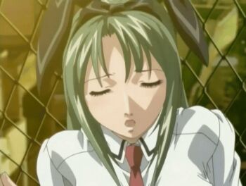 Rule 34 | 00s, 1boy, 1girl, 2005, animal ears, animated, animated gif, bible black, bible black only, bouncing breasts, breasts, breasts squeezed together, closed eyes, fake ears, grabbing another's breast, green hair, groping, ito mika, large breasts, long hair, lowres, necktie, nipple stimulation, nipple tweak, open clothes, outdoors, clothes pull, rabbit ears, school, school uniform, nipple tweak, sunset, tagme