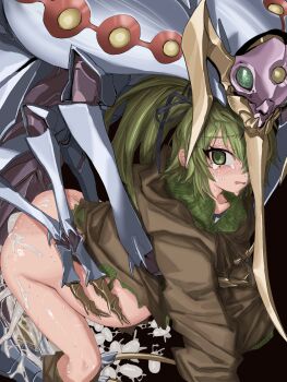 1boy 1girl all_fours anal ass black_background brown_jacket brown_leg_warmers brown_leggings collarbone crying crying_with_eyes_open cum cum_in_ass cum_in_pussy cum_on_body cumdrip dark_background egg egg_laying from_behind green_eyes green_hair green_leg_warmers green_leggings green_sweater high_ponytail highres jacket kneeling leaning_forward leg_warmers leggings long_hair long_sleeves looking_ahead looking_at_viewer looking_to_the_side monster orrdriver parted_lips ponytail rape sex sex_from_behind sidelocks spread_legs stomach stomach_bulge sweat sweatdrop sweater tank_top tearing_up tears thighs tongue torn_clothes underworld_egg_clutch white_tank_top worried wynn_(yu-gi-oh!) wynn_the_wind_charmer yu-gi-oh!