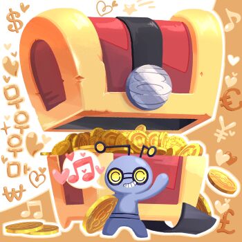 antennae coin commentary_request commission dollar_sign euro_sign full_body gimmighoul gimmighoul_(chest) gimmighoul_(roaming) grin heart highres holding holding_coin korean_commentary musical_note nintendo outline pokemon pokemon_(creature) pokemon_focus pound_sign smile speech_bubble spoken_musical_note standing teeth treasure_chest ttrtag white_outline