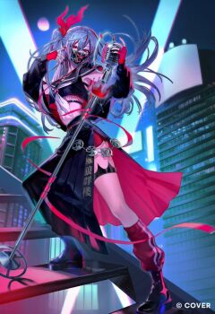 0083_ztzt 1girl alternate_costume black_boots black_jacket black_mask black_nails black_sailor_collar black_serafuku black_shirt black_skirt boots breasts commentary_request copyright_name cropped_shirt double-parted_bangs fishnet_top fishnets full_body gloves grey_hair hair_between_eyes hands_up holding holding_microphone hololive hololive_dev_is isaki_riona jacket kneehighs long_hair long_skirt looking_at_viewer loose_socks mask microphone microphone_stand midriff moon mouth_mask multicolored_hair nail_polish navel neckerchief night night_sky off_shoulder official_art one_side_up outdoors partially_unzipped pleated_skirt red_eyes red_gloves red_hair red_nails red_shorts red_socks sailor_collar school_uniform serafuku shirt short_shorts shorts shorts_under_skirt side_slit skirt sky small_breasts socks solo stairs streaked_hair virtual_youtuber white_neckerchief