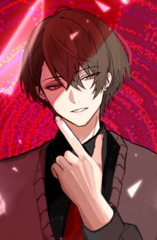 1boy black_shirt brown_eyes brown_hair brown_sweater carrie_(song) collared_shirt earrings glitch grin heterochromia hoop_earrings jewelry kagami_hayato looking_down male_focus necktie nijisanji partially_shaded_face red_background red_eyes red_necktie shirt short_hair single_empty_eye smile solo sweater upper_body yammy_tuki