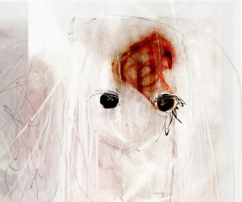 Rule 34 | 1girl, abstract, absurdres, black eyes, expressionless, highres, no mouth, no pupils, original, portrait, seyooe, solo, spot color, white theme