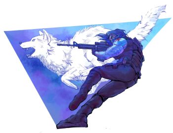 Rule 34 | 1boy, aolihui art, black boots, black gloves, black mask, black pants, blue background, boots, border, bucky barnes, captain america: the winter soldier, captain america (series), fingerless gloves, from below, full body, gloves, gun, highres, holding, holding gun, holding weapon, machine gun, male focus, marvel, mask, mechanical arms, medium hair, mouth mask, pants, prosthesis, prosthetic arm, single mechanical arm, solo, twitter username, weapon, white border, white wolf, winter soldier, wolf