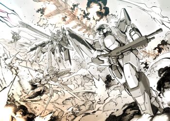 absurdres another_century's_episode:_r aquarion_(series) arm_slave_(mecha) arx-7_arbalest choujikuu_seiki_orguss code_geass destiny_gundam energy_gun full_metal_panic! gun gundam gundam_seed gundam_seed_destiny gunpod highres holding holding_gun holding_sword holding_weapon kato_takuji knightmare_frame lancelot_(code_geass) mecha mecha_focus mechanical_wings military mobile_suit monochrome no_humans orguss orguss_(mecha) robot science_fiction smoke sousei_no_aquarion super_robot sword v-fin weapon wings