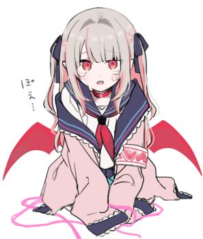 1girl armband belt_collar blue_ribbon blue_sailor_collar blush collar colored_inner_hair crying crying_with_eyes_open demon_wings drill_hair fangs full_body grey_hair hair_intakes hair_over_shoulder hair_ribbon heart highres jacket lolowv long_hair looking_at_viewer makaino_ririmu makaino_ririmu_(4th_costume) multicolored_hair neckerchief nijisanji off_shoulder open_clothes open_jacket open_mouth pink_hair pink_jacket pink_streaks pointy_ears red_collar red_eyes red_neckerchief red_wings ribbon sailor_collar school_uniform serafuku shirt sidelocks simple_background sitting sleeves_past_fingers sleeves_past_wrists solo streaked_hair tears two-tone_hair two_side_up upturned_eyes v_arms virtual_youtuber white_background white_shirt wings