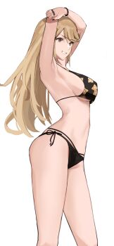 1girl armpits arms_up bikini black_bikini black_nails blonde_hair breasts cosplay feet_out_of_frame female_focus floral_print from_side grin highres j@ck kitagawa_marin kitagawa_marin_(cosplay) large_breasts long_hair matching_hair/eyes multi-strapped_bikini multi-strapped_bikini_bottom mythra_(xenoblade) nail_polish print_bikini side-tie_bikini_bottom sideboob simple_background smile solo sono_bisque_doll_wa_koi_wo_suru standing straight_hair swimsuit white_background xenoblade_chronicles_(series) xenoblade_chronicles_2 yellow_eyes