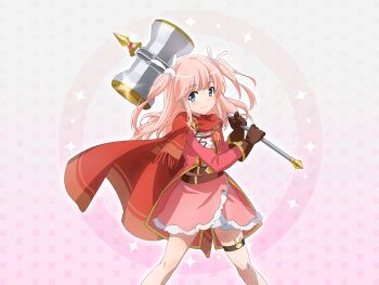 1girl blue_eyes brown_gloves closed_mouth game_cg gloves hammer holding holding_hammer jacket long_hair long_sleeves looking_at_viewer nonomiya_lalafin official_art pink_hair pink_jacket pink_skirt red_scarf scarf shoujo_kageki_revue_starlight shoujo_kageki_revue_starlight_-re_live- skirt sledgehammer solo standing thigh_strap two_side_up upper_body