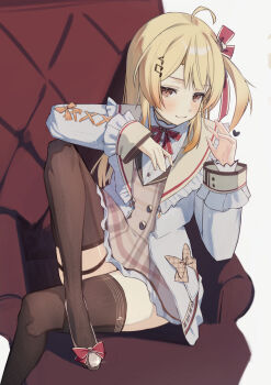 1girl ahoge blonde_hair bongk brown_dress brown_sailor_collar commentary_request couch dress fortissimo frilled_jacket frills hair_ornament heart highres hololive jacket long_sleeves musical_note musical_note_hair_ornament one_side_up otonose_kanade otonose_kanade_(1st_costume) plaid_clothes plaid_dress red_ribbon ribbon sailor_collar solo thigh_strap thighhighs virtual_youtuber white_jacket