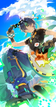 Rule 34 | 1boy, absurdres, adjusting eyewear, ahoge, ajaw (genshin impact), anger vein, aqua gloves, aqua headband, aqua pants, aqua ribbon, black boots, black gloves, black hair, black shirt, blonde hair, blue pants, blue sky, boots, bracelet, chest harness, closed mouth, clothes around waist, cloud, commentary, crossed bangs, day, earrings, eyewear on head, genshin impact, gloves, green eyes, hair between eyes, hair ribbon, hand up, harness, headband, highres, jewelry, kinich (genshin impact), kkopoli, looking at viewer, male focus, mountain, multicolored clothes, multicolored eyes, multicolored hair, multicolored pants, outdoors, pants, parted bangs, ribbon, shirt, short hair, short sleeves, sky, smile, solo, sparkle, speech bubble, spoken anger vein, streaked hair, sunglasses, symbol-only commentary, two-tone gloves, white ribbon, yellow eyes, zipper, zipper pull tab