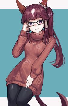 Rule 34 | 1girl, animal ears, black pantyhose, blue background, blunt bangs, blush, breasts, brown hair, closed mouth, dress, ear covers, glasses, hair ornament, highres, horse ears, horse girl, horse tail, jewelry, long hair, long sleeves, looking at viewer, lucky lilac (umamusume), multicolored hair, necklace, pantyhose, purple eyes, red sweater, ribbed sweater, side ponytail, simple background, smile, solo, solokitsune, sweater, sweater dress, tail, umamusume