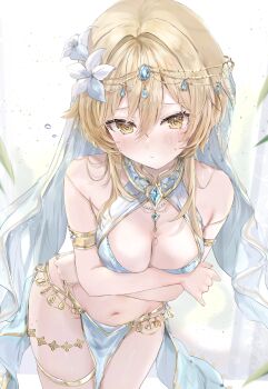 1girl absurdres alternate_costume arms_under_breasts bare_shoulders blonde_hair blue_gemstone blue_loincloth blush breasts cleavage closed_mouth commentary_request dancer fingernails flower gem genshin_impact hair_between_eyes hair_flower hair_ornament harem_outfit highres leaning_forward loincloth looking_at_viewer lumine_(genshin_impact) maruro medium_breasts navel short_hair_with_long_locks solo stomach white_flower yellow_eyes