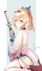 Rule 34 | 1girl, artist name, black gloves, blonde hair, blue eyes, border, closed mouth, commentary, english commentary, fingerless gloves, gloves, gradient nails, green skirt, hair ornament, haori, highres, holding, holding sword, holding weapon, hololive, japanese clothes, katana, kazama iroha, kazama iroha (1st costume), koukie, leaf hair ornament, light blue background, long hair, looking at viewer, looking to the side, miniskirt, outside border, pleated skirt, ponytail, sheath, sheathed, sitting, skirt, smile, solo, sword, thighhighs, two-tone skirt, virtual youtuber, wariza, weapon, white border, white skirt, white thighhighs, wide sleeves