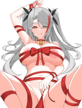 1girl absurdres azur_lane bell breasts choker closed_mouth filmxd grey_hair highres huge_breasts jingle_bell long_hair multicolored_hair naked_ribbon nude orange_eyes prinz_eugen_(azur_lane) red_choker red_hair red_ribbon ribbon simple_background smile solo streaked_hair two_side_up white_background