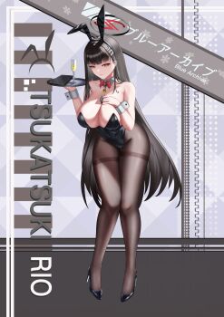 1girl absurdres animal_ears bare_shoulders between_breasts black_hair black_pantyhose black_shoes blue_archive bow bowtie breasts champagne_flute character_name chinese_commentary cleavage commentary_request copyright_name cup detached_collar drinking_glass fake_animal_ears frown full_body hair_ornament hairclip halo high_heels highres holding holding_tray large_breasts long_hair myu_(user_gcgt5447) pantyhose parted_lips playboy_bunny rabbit red_bow red_bowtie rio_(blue_archive) shoes solo thighband_pantyhose tray very_long_hair wrist_cuffs