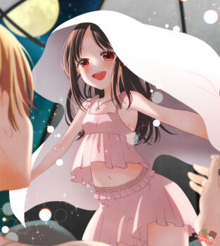 1boy 1girl :d alternate_hairstyle bare_arms bare_shoulders black_hair blonde_hair blush breasts chocotomamenoki collarbone crescent crescent_necklace crop_top happy hetero highres jewelry kaguya-sama_wa_kokurasetai_~tensai-tachi_no_renai_zunousen~ long_hair navel necklace open_mouth pink_shorts red_eyes shinomiya_kaguya shirogane_miyuki shorts small_breasts smile solo_focus teeth upper_teeth_only veil