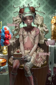 Rule 34 | 1girl, absurdres, antennae, apple, arthropod girl, arthropod limbs, bandaged leg, bandages, blood, bloody bandages, bruise, bruise on leg, cake, cake slice, candle, chair, commission, compound eyes, cookie jar, dress, food, fruit, grapes, highres, holding, holding plate, injury, jar, jewelry, long hair, looking at viewer, original, plate, proboscis, prosthesis, prosthetic leg, ribbon, ring, sitting, stitched leg, stitches, strawberry, twintails, weakbat