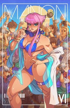 Rule 34 | bikini, blonde hair, blue background, blue bikini, breasts, brown hair, camera, cellphone, character name, character request, coat, edwin huang, hand on own hip, highres, jewelry, large breasts, lips, manon legrand, multiple boys, multiple girls, nails, navel, paparazzi, phone, pink hair, selfie, smile, street fighter, street fighter 6, sunglasses, swimsuit, tagme, udon entertainment