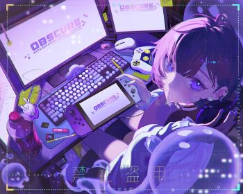 1girl bottle bubble closed_mouth computer computer_keyboard computer_mouse ear_piercing expressionless eyelashes headphones hekouziran holding holding_headphones indoors long_sleeves looking_at_viewer monitor nintendo_switch original pen piercing purple_eyes purple_hair short_hair sitting solo