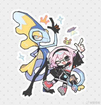 Rule 34 | alien, black-framed eyewear, black eyes, chibi, chibi only, chinese commentary, commentary request, gen 8 pokemon, glasses, highres, inteleon, nintendo, original, pink hair, pokemon, red shoes, shoes, thurim6, white background