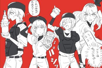 Rule 34 | 2girls, alcohol, baseball cap, baseball uniform, beer can, bottle, can, catcher (baseball), clenched teeth, closed mouth, commentary request, drink can, girls band cry, greyscale with colored background, hat, highres, holding, holding bottle, holding can, kawaragi momoka, layered sleeves, long hair, long sleeves, multicolored hair, multiple girls, open mouth, pants, red background, roots (hair), rupa (girls band cry), setou (bpdne), short hair, short over long sleeves, short sleeves, simple background, smile, sportswear, sweatdrop, teeth