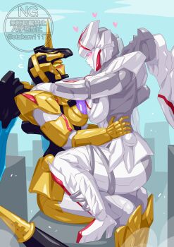 Rule 34 | 2girls, absurdres, black helmet, blush, breasts, colored skin, giant robo, gold skin, helmet, highres, looking at another, mecha, multiple girls, no.1 sentai gozyuger, no humans, otokamu, purple eyes, queen, queen tegajune, robot, super sentai, tega sword (character), tega sword black, tokusatsu, unicorn, white skin, yellow eyes