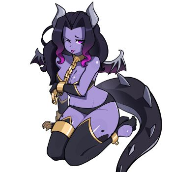 1girl absurdres bare_shoulders black_thighhighs breasts cleavage collarbone colored_skin colored_tongue dragon_girl dragon_horns dragon_tail ender_dragon gradient_hair highres horns large_breasts long_hair minecraft muds multicolored_hair one_eye_closed personification purple_eyes purple_hair purple_skin purple_tongue simple_background solo tail thighhighs tongue tongue_out two-tone_hair white_background