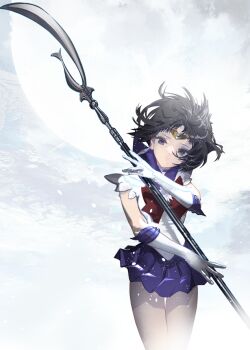 1girl bishoujo_senshi_sailor_moon black_hair bow cofffee gloves grey_eyes sailor_saturn sailor_senshi sailor_senshi_uniform school_uniform short_hair silence_glaive simple_background solo tiara tomoe_hotaru wavy_hair