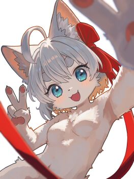 1girl :3 absurdres ahoge animal_ear_fluff animal_ears aqua_eyes blurry blurry_foreground body_fur bow breasts cat_ears cat_girl claws commentary_request double-parted_bangs double_v fang foreshortening furry furry_female grey_hair hair_bow highres hikimayu leaning_to_the_side looking_at_viewer navel neko_t_chan no_nipples nude open_mouth original pawpads red_bow simple_background small_breasts solo thick_eyebrows v white_background