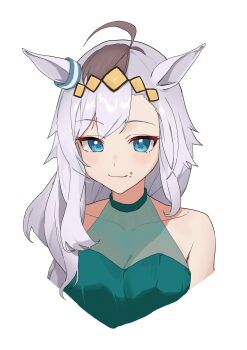 1girl :3 absurdres ahoge animal_ears asobi_nin black_dress black_hair blue_eyes blush breasts cleavage closed_mouth collarbone diamond_(shape) dress food food_on_face grey_hair hairband highres horse_ears horse_girl long_hair looking_at_viewer oguri_cap_(umamusume) see-through_cleavage see-through_clothes simple_background smile solo umamusume white_background