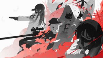 5girls absurdres anti-materiel_rifle arius_squad_(blue_archive) atsuko_(blue_archive) baseball_cap beatrice_(blue_archive) blue_archive newsboy_cap cz_scorpion_evo_3 gun halo hat highres hiyori_(blue_archive) holding holding_gun holding_weapon hood hood_up hooded_jacket jacket long_hair long_sleeves mask misaki_(blue_archive) mouth_mask multiple_girls ntw-20 open_clothes open_jacket rifle saori_(blue_archive) scarf short_hair sniper_rifle spot_color surgical_mask sweater weapon zidu_(9478296)