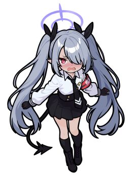 black_necktie black_skirt blue_archive blush collared_shirt dark-skinned_female dark_skin hair_between_eyes halo highres long_hair long_sleeves necktie one_eye_covered open_mouth purple_halo red_eyes school_uniform shirt shishiejo_(sisieho1) simple_background skirt tail twintails very_long_hair white_background white_shirt