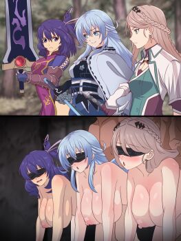 Rule 34 | 3boys, 3girls, all fours, aqua hair, blindfold, blonde hair, blue eyes, blush, breasts, completely nude, dark-skinned male, dark skin, defeat, doggystyle, earrings, eiyuu densetsu, elaine auclair, goro pain, grabbing another's hair, grabbing from behind, green eyes, holding, holding another's hair, holding sword, holding weapon, huge breasts, instant loss, interracial, jewelry, kuro no kiseki (series), kuro no kiseki i, long hair, multiple boys, multiple girls, nipples, nude, open mouth, piercing, purple eyes, purple hair, rixia mao, sex, sex from behind, shizuna rem misurugi, smile, sword, weapon