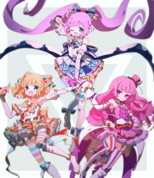 3girls :d ahoge bad_id bad_twitter_id blonde_hair blue_bow blue_eyes blue_skirt blunt_bangs bow breasts closed_mouth commentary_request cone_hair_bun double_bun green_eyes hair_bow hair_bun hand_up hat heart highres hojo_sophy idol_clothes image_sample layered_skirt long_hair looking_at_viewer manaka_laala minami_mirei mini_hat multiple_girls open_mouth orange_skirt outstretched_arm pink_hair pink_skirt plaid_clothes plaid_skirt pleated_skirt pretty_series pripara purple_eyes purple_hair ruru_ashihara shirt short_hair skirt small_breasts smile standing triangle twintails twitter_sample v v_over_eye very_long_hair white_shirt