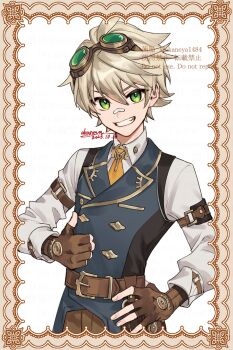 1boy ahoge alternate_costume arm_strap artist_name bandaid bandaid_on_face bandaid_on_nose belt belt_buckle bennett_(genshin_impact) blue_vest border brown_belt brown_border brown_gloves buckle buttons collared_shirt commentary_request dated double-breasted fingerless_gloves framed genshin_impact gloves goggles goggles_on_head gold_trim green_eyes grin hair_between_eyes hand_on_own_hip hand_up highres lapels long_sleeves looking_at_viewer male_focus necktie ojo_aa ornate_border shirt short_hair signature simple_background smile solo teeth thumbs_up twitter_username v-shaped_eyebrows vest watermark white_background white_hair white_shirt wing_collar yellow_necktie
