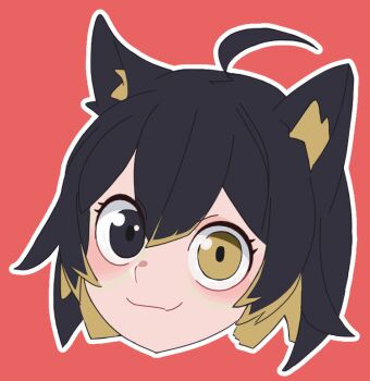 1girl :d ahoge animal_ears animated animated_gif black_eyes black_hair blonde_hair cat_ears cat_girl closed_mouth cropped_head eyelashes fang flat_color l.o.a.f.i. loafi_lofi mrcs_404 multicolored_hair open_mouth red_background short_hair simple_background smile solo two-tone_hair yellow_eyes