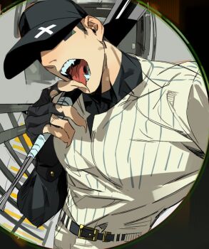 1boy baseball_bat baseball_cap baseball_uniform belt belt_buckle black_belt black_hat black_shirt buckle door fangs fingernails genichiro_cute hat holding holding_baseball_bat holding_weapon licking long_sleeves male_focus off_(game) open_mouth pants pinstripe_pattern pinstripe_shirt pov_peephole railing sharp_fingernails shirt shirt_tucked_in solo sportswear stairs standing teeth the_batter_(off) tongue tongue_out weapon white_pants white_shirt