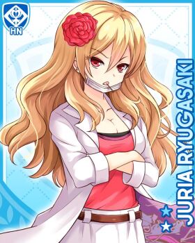 Rule 34 | 1girl, arms under breasts, blonde hair, blue background, breasts, card (medium), character name, cleavage, coat, crossed arms, ear piercing, flower, girlfriend (kari), hair flower, hair ornament, jacket, long hair, looking at viewer, mask, mouth mask, official art, piercing, qp:flapper, red eyes, red shirt, ryugasaki juria, shirt, solo, tokkoufuku, v-shaped eyebrows, white jacket