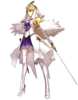 1girl ar_tonelico ar_tonelico_ii blonde_hair chroche_latel_pastalie elbow_gloves female_focus gloves gust hair_ornament high_heels long_hair looking_down purple_eyes shoes solo sword weapon wings