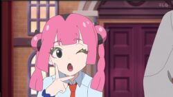 1girl :o alternate_costume animated belt black_eyes braid coral_(pokemon) eyelashes eyeliner fang hair_ornament long_sleeves looking_at_viewer makeup nail_polish naranja_academy_school_uniform nintendo official_alternate_costume one_eye_closed pink_eyeliner pink_hair pokemon pokemon_(anime) pokemon_horizons school_uniform screencap shirt sleeves_past_wrists solo sound tagme talking third-party_edit twin_braids video white_shirt