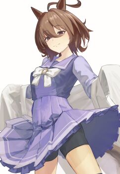 1girl agnes_tachyon_(umamusume) ahoge black_shorts bow brown_eyes brown_hair closed_mouth clothes_lift commentary_request hair_between_eyes highres jacket lab_coat long_sleeves o_ko_ge2024 open_clothes open_jacket purple_sailor_collar purple_serafuku purple_shirt purple_skirt sailor_collar school_uniform serafuku shirt short_hair shorts shorts_under_skirt skirt skirt_lift sleeves_past_fingers sleeves_past_wrists solo tracen_school_uniform umamusume white_bow