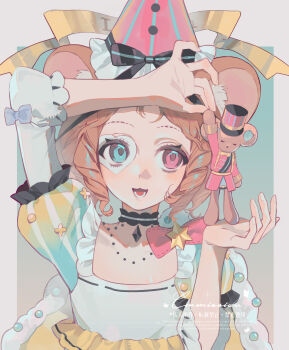 1girl absurdres animal_ear_fluff animal_ears black_bow black_choker blue_eyes bow brown_hair choker commission eyelashes fingernails frills hat heterochromia highres holding holding_stuffed_toy long_hair looking_at_object lower_teeth_only makeup mihuashi_commission mouse_ears mouse_girl open_mouth original pink_eyes ringlets rouge_(makeup) solo stuffed_animal stuffed_toy teeth tongue upper_body watermark yihuo_tou_mei_tou