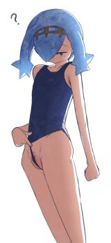 1girl absurdres blue_eyes blue_hair breasts frontal_wedgie greatm8 highres lana_(pokemon) loli nintendo pokemon pokemon_sm pussy pussy_peek school_swimsuit small_breasts swimsuit wedgie white_background