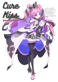 1girl back_bow belt belt_buckle black_belt black_boots black_bow black_choker black_dress black_gloves black_hair black_skirt boots bow buckle character_name choker closed_mouth colored_tips commentary copyright_name crossed_legs cure_kiss dot_nose dress eyelashes finger_to_mouth fortissimo frilled_skirt frilled_sleeves frills full_body gloves hair_bow hair_ornament high_heel_boots high_heels highres kimi_to_idol_precure large_bow light_blush long_dress long_hair looking_at_viewer magical_girl meroron_(precure) miniskirt multicolored_hair musical_note musical_note_hair_ornament musical_note_print open_clothes open_dress parted_bangs pink_bow pink_hair plaid_bow plaid_clothes plaid_skirt pleated_skirt precure purple_bow purple_eyes purple_hair purple_shirt serizawa_serizane shirt shirt_under_dress short_sleeves simple_background skirt skirt_under_dress smile solo standing stream tachi-e thigh_belt thigh_boots thigh_strap twitter_username two-tone_dress two_side_up unmoving_pattern very_long_hair watermark white_background white_dress wrist_bow